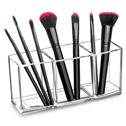 Hblife Clear Makeup Brush Holder Organizer, Acrylic Cosmetic Brushes Storage with 3 Slots, Eyeliners Display Case for Vanity
